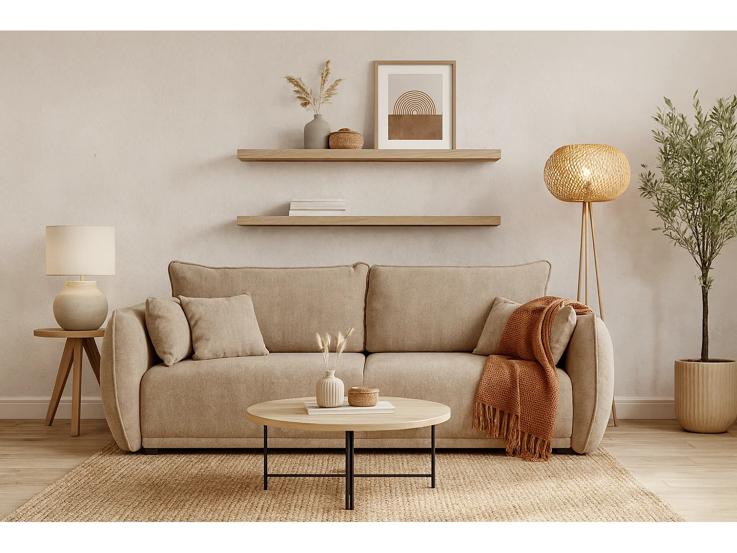 Moderne slaapbank Loren met slaapfunctie 238x100x90 cm – stof Raven  30 beige