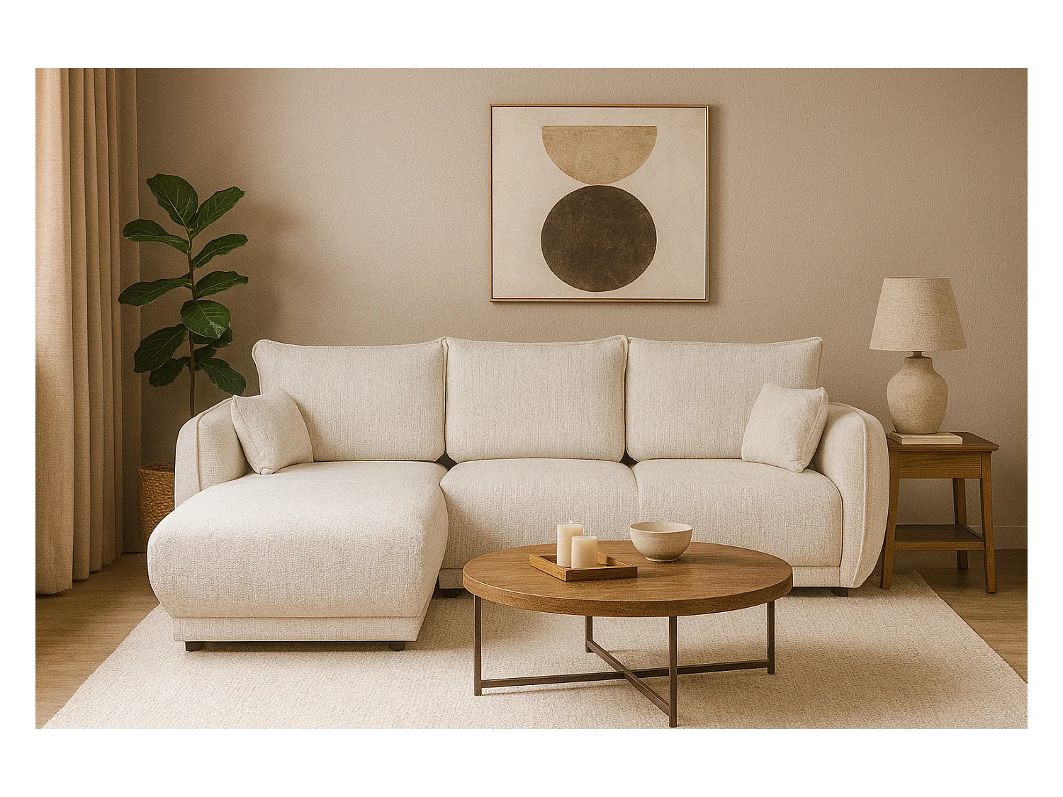 Narożnik lewy Loren z funkcją spania 250x150x90 cm – tkanina Bello 5 kremowa