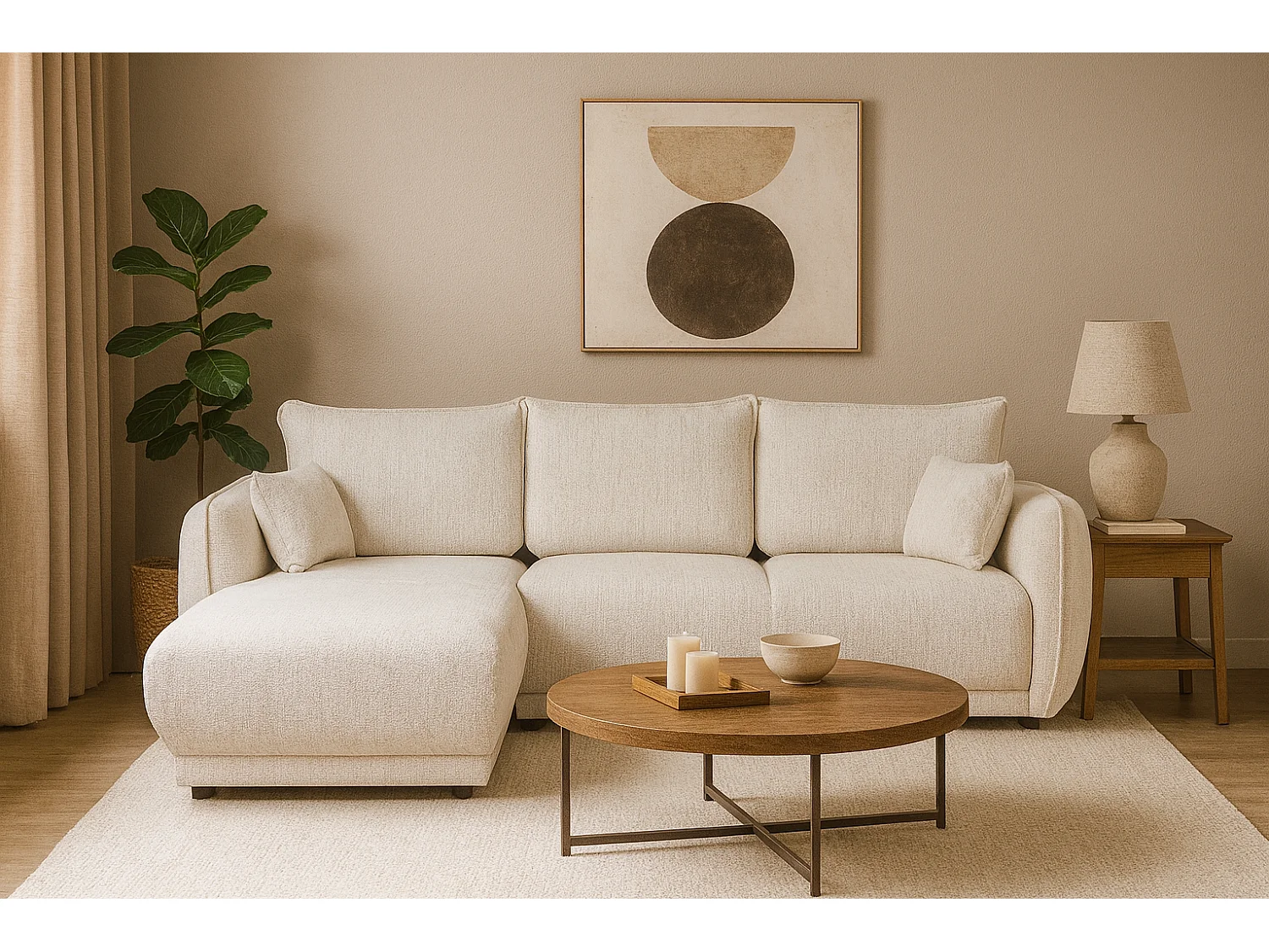 Canapé d’angle gauche Loren convertible 250x150x90 cm – Tissu Bello 5 crème