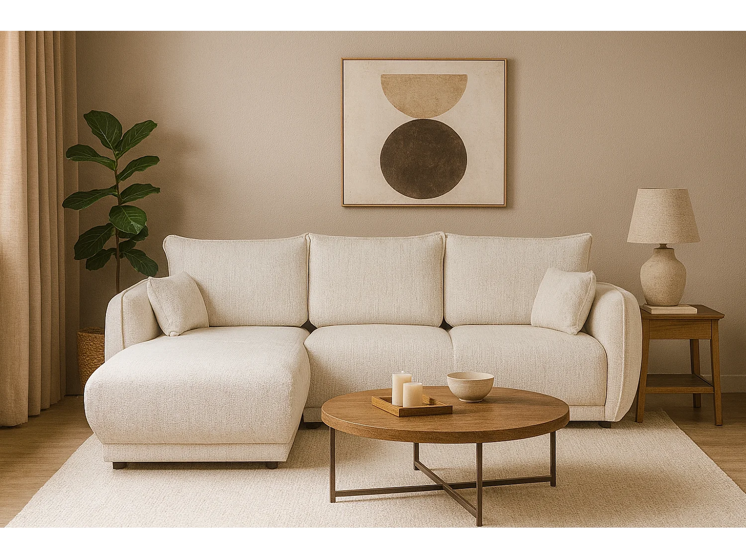 Narożnik lewy Loren z funkcją spania 250x150x90 cm – tkanina Bello 5 kremowa