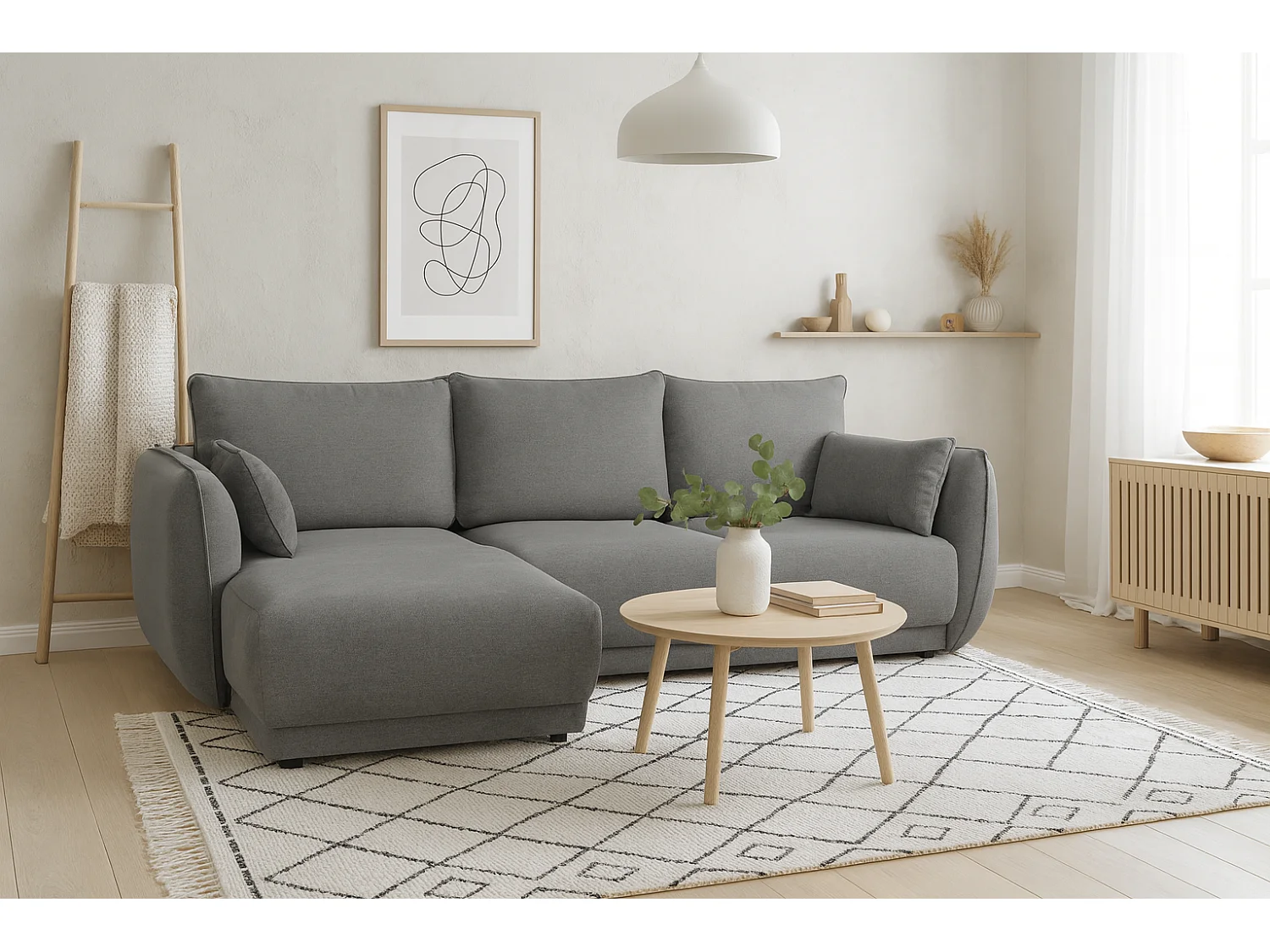 Narożnik lewy Loren z funkcją spania 250x150x90 cm – tkanina Raven 7 szara