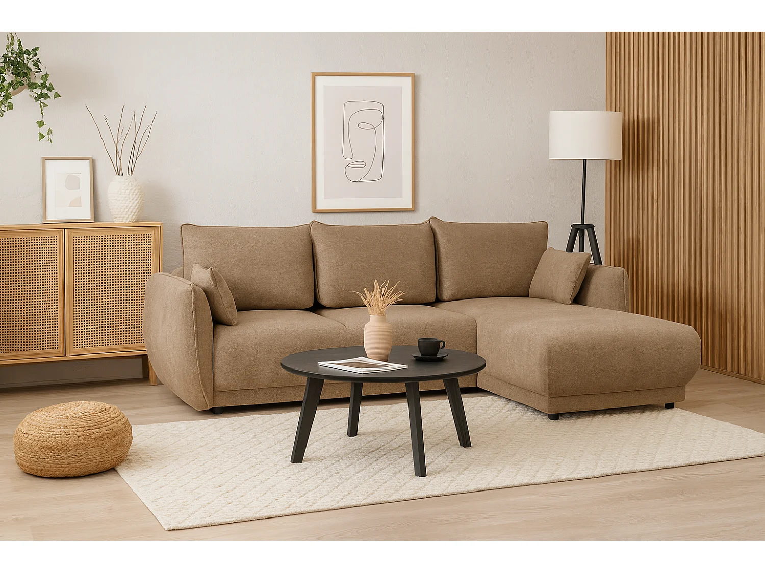 Canapé d’angle droit Loren convertible 250x150x90 cm – Tissu Raven 30 beige