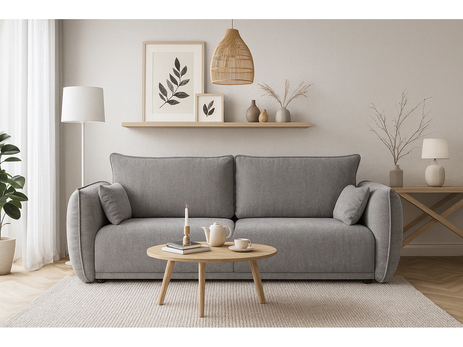 Canapé moderne Loren avec fonction de couchage 238x100x90 cm – tissu Raven 7 gris