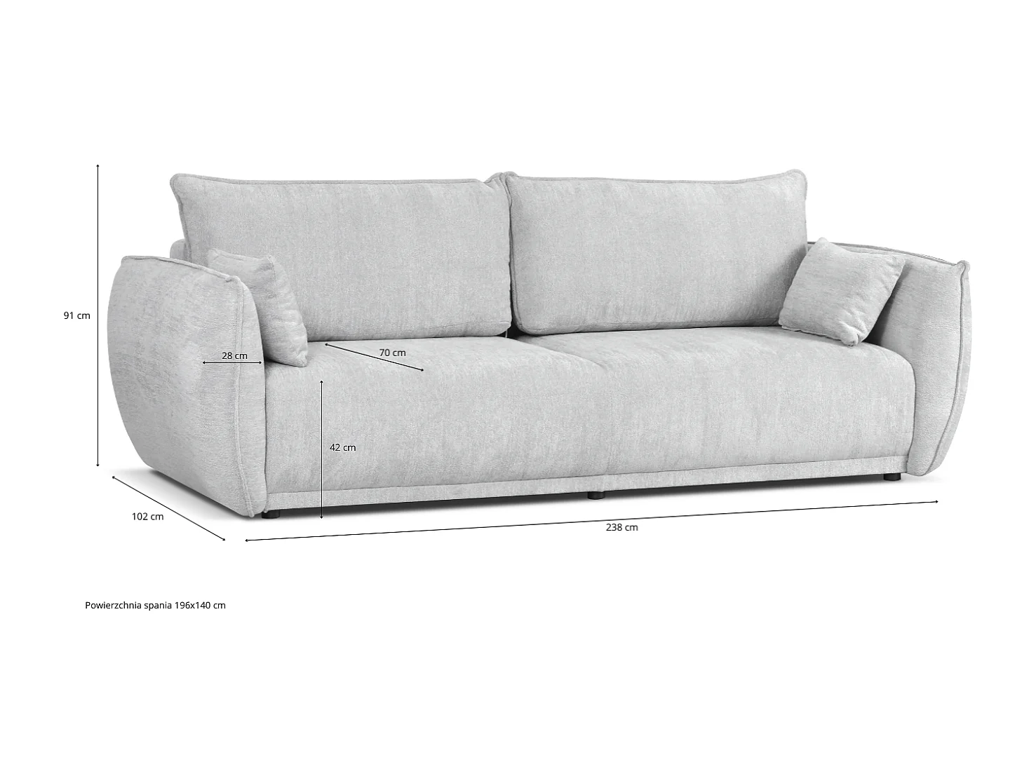 Canapé moderne Loren avec fonction de couchage 238x100x90 cm – tissu Raven 7 gris