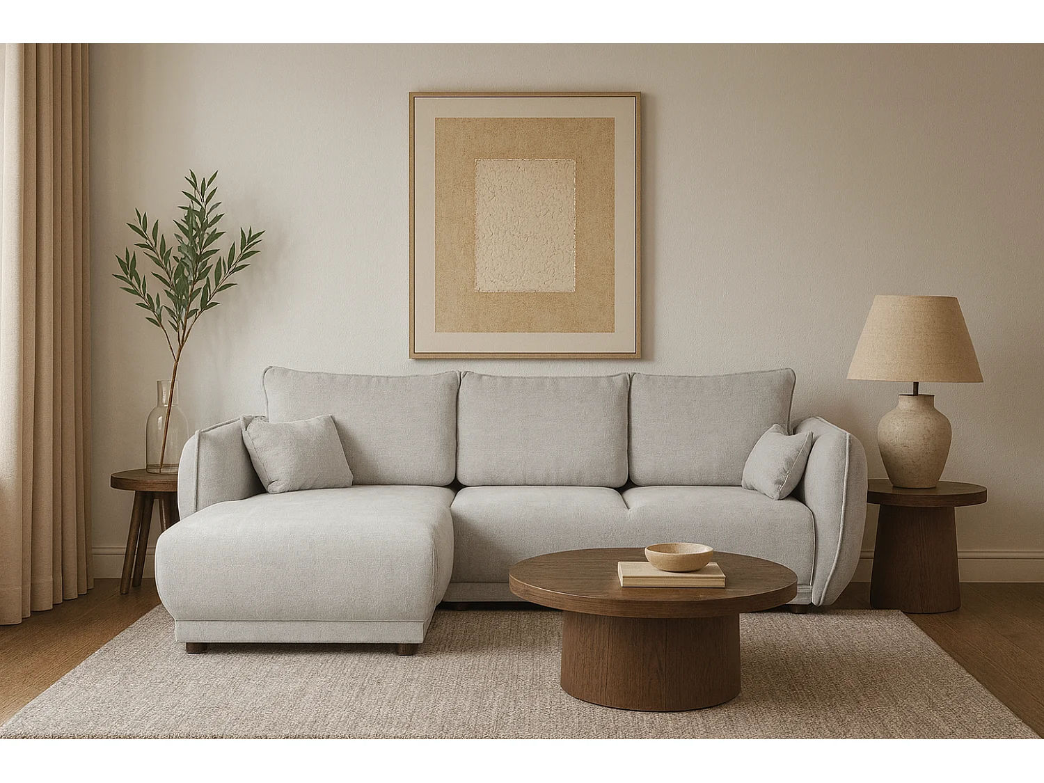 Narożnik lewy Loren z funkcją spania 250x150x90 cm – tkanina Raven 6 jasno szara