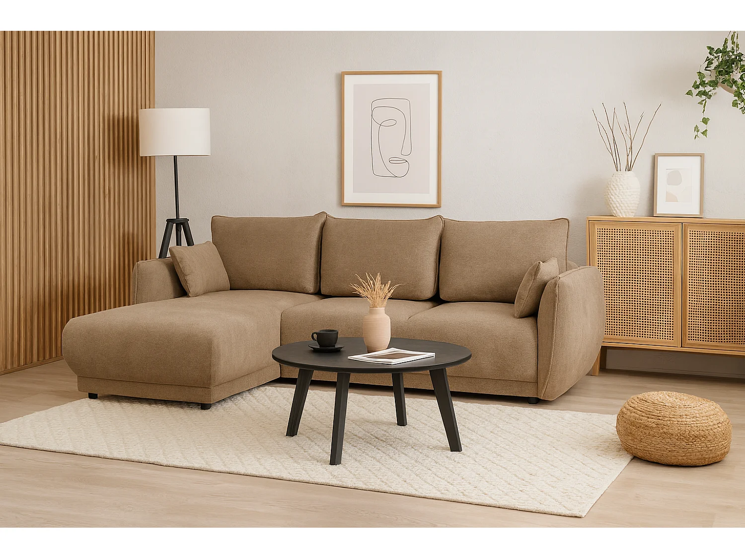 Canapé d’angle gauche  Loren convertible 250x150x90 cm – Tissu Raven 30 beige