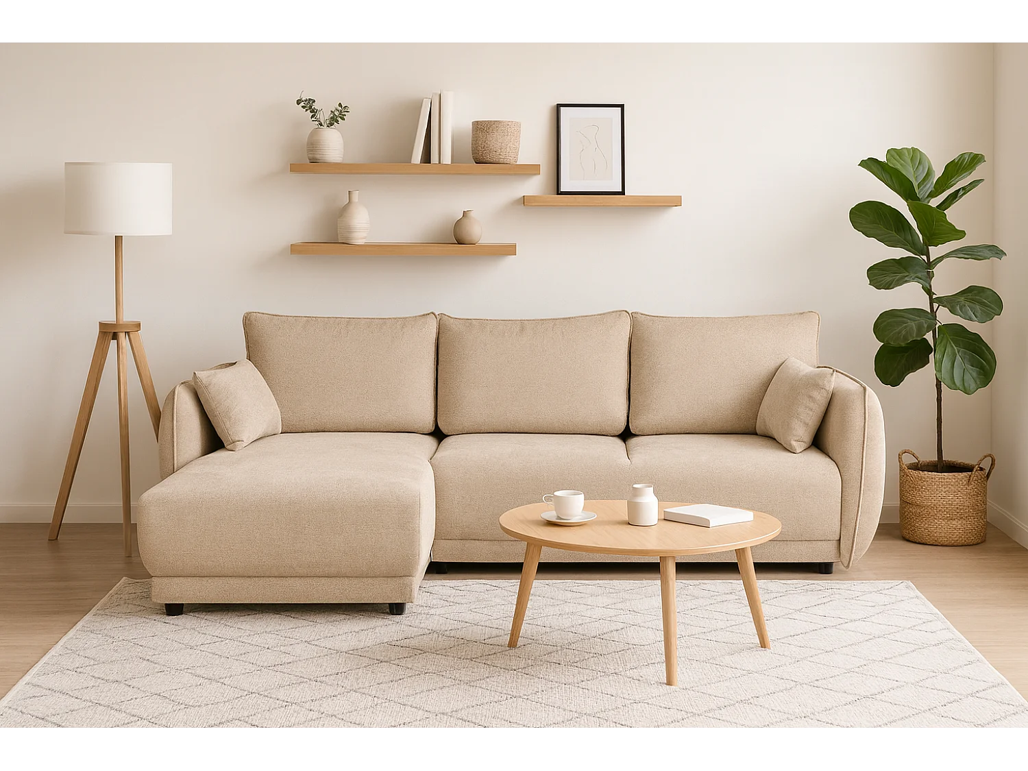 Narożnik lewy Loren z funkcją spania 250x150x90 cm – tkanina Raven 24 kremowa