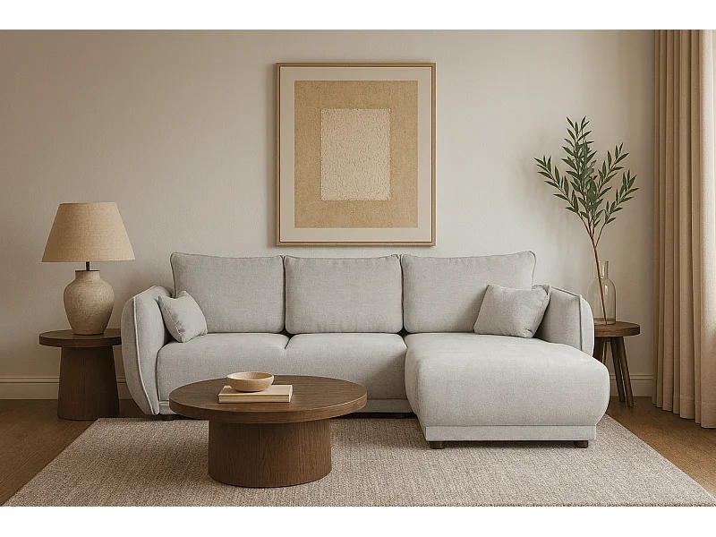 Narożnik prawy Loren z funkcją spania 250x150x90 cm – tkanina Raven 6 jasno szara