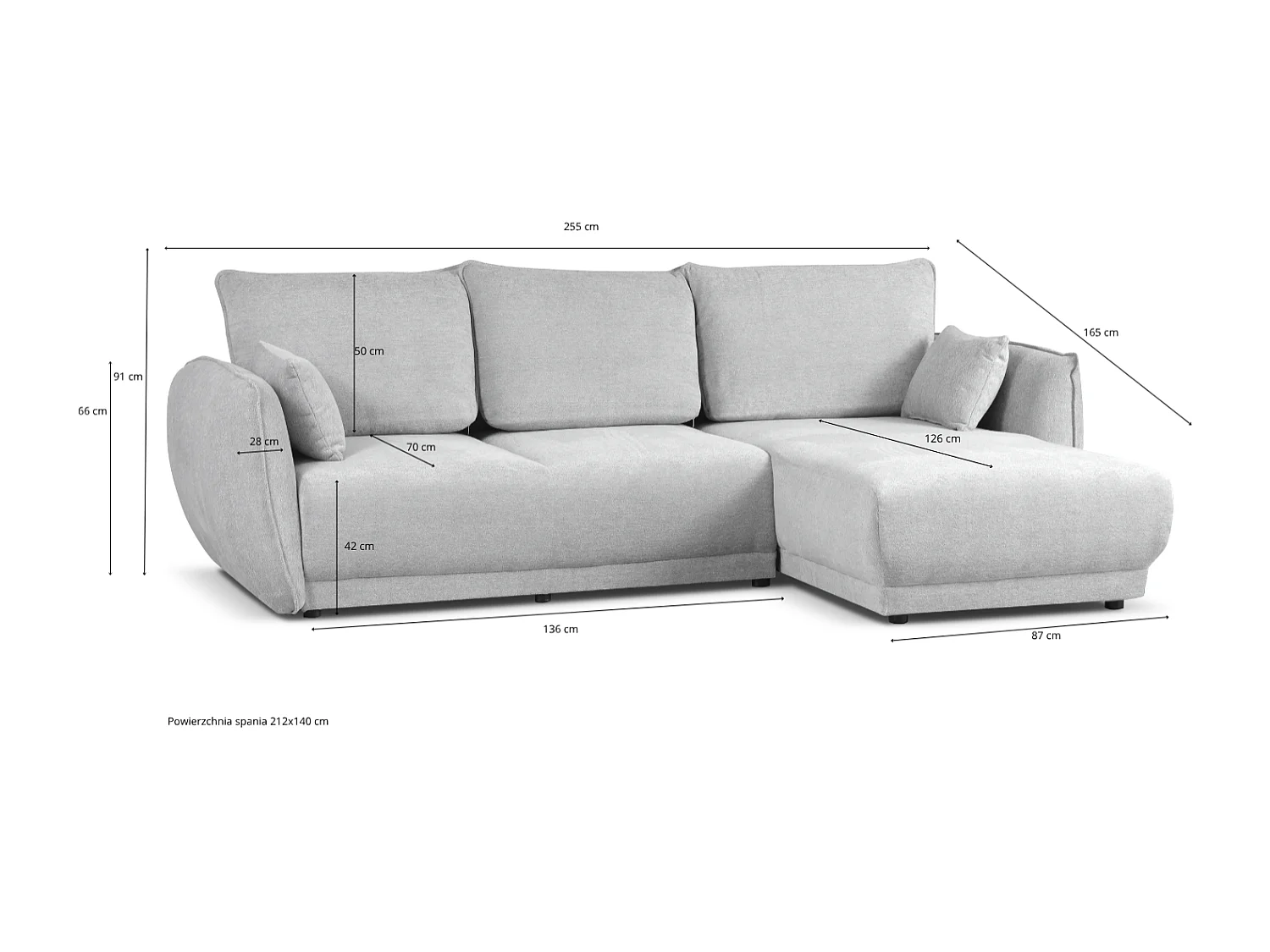 Canapé d’angle droit Loren convertible 250x150x90 cm – Tissu Raven 6 gris clair