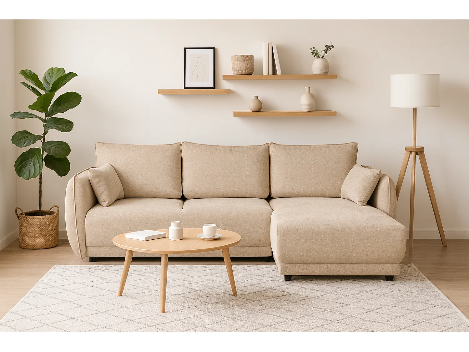 Narożnik prawy Loren z funkcją spania 250x150x90 cm – tkanina Raven 24 kremowa