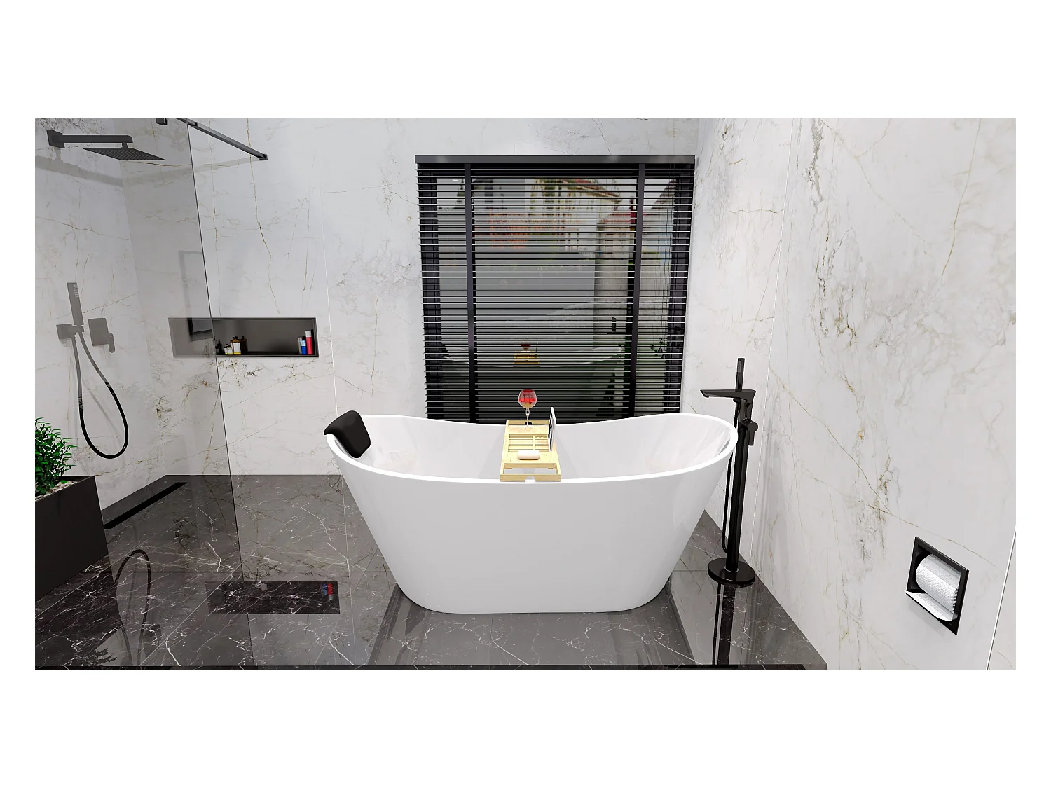 Baignoire à poser îlot ROSSA 170x80 acrylique blanc + tablette de bain en bambou + Vidage à chromé