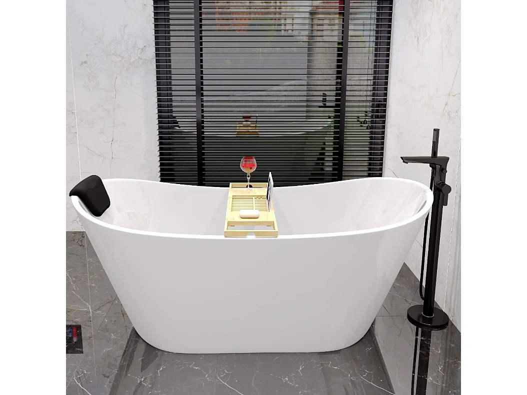 Baignoire à poser îlot ROSSA 170x80 acrylique blanc + tablette de bain en bambou + Vidage à chromé