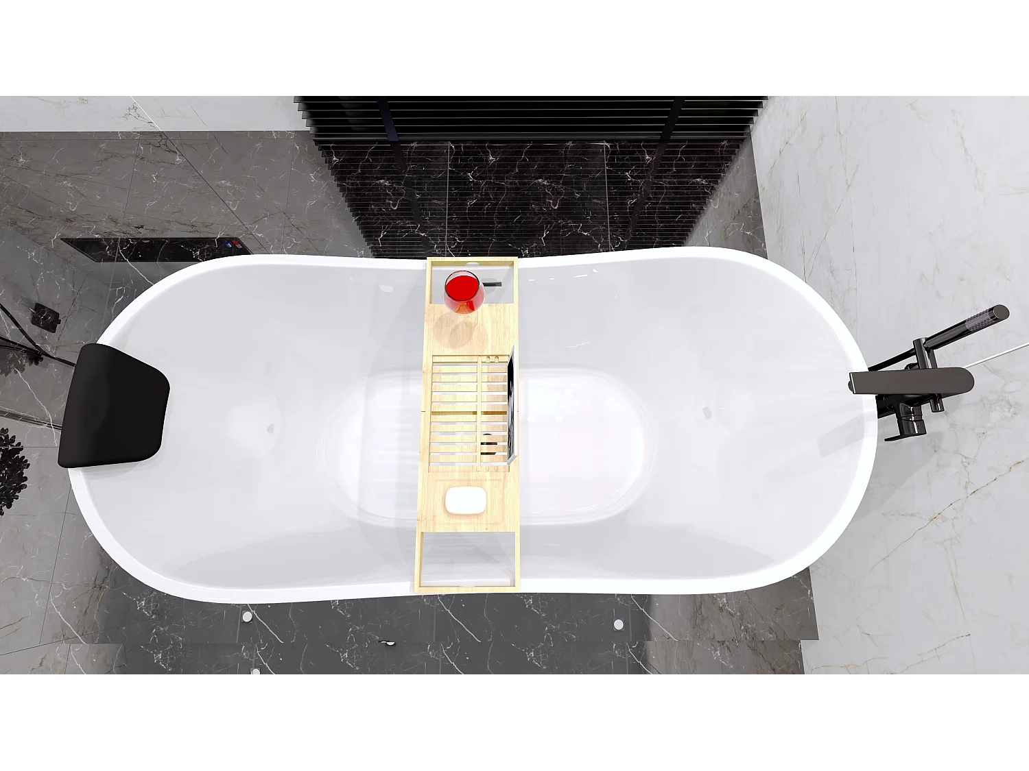 Baignoire à poser îlot ROSSA 170x80 acrylique blanc + tablette de bain en bambou + Vidage à chromé