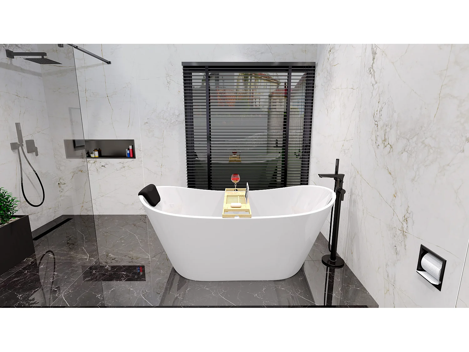 Baignoire à poser îlot ROSSA 170x80 acrylique blanc + tablette de bain en bambou + Vidage à chromé