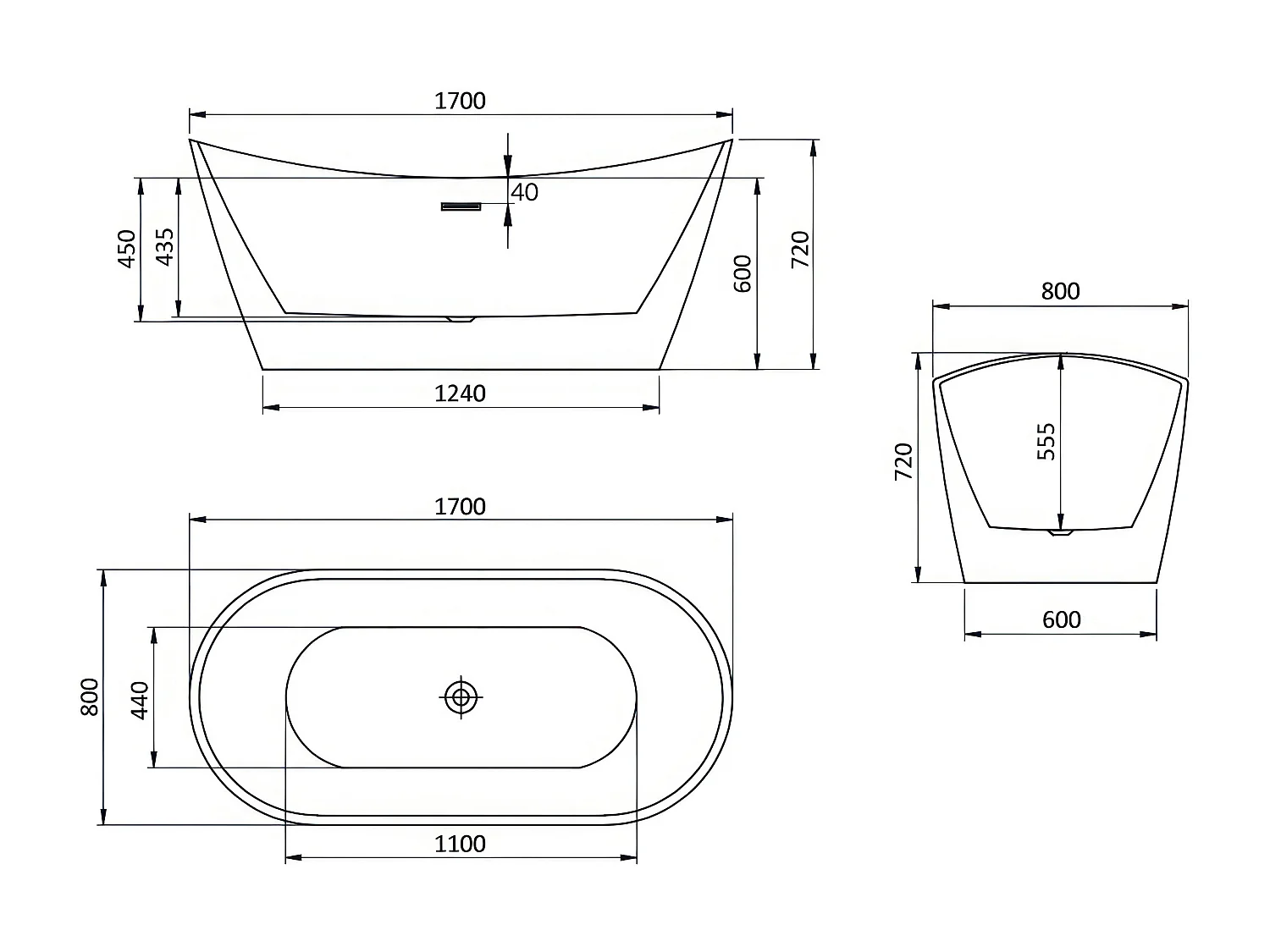 Baignoire à poser îlot ROSSA 170x80 acrylique blanc + tablette de bain en bambou + Vidage à chromé