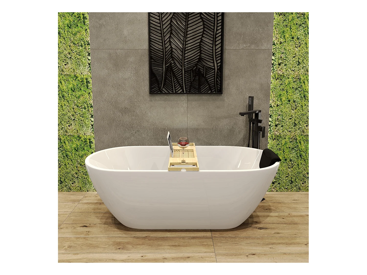 Baignoire à poser îlot ASGER 170x75 acrylique blanc + tablette de bain en bambou + appuie-tête KODI + Vidage à chromé