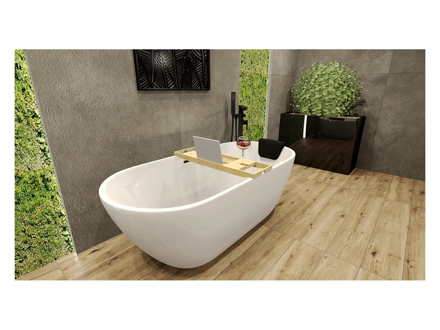 Baignoire à poser îlot ASGER 170x75 acrylique blanc + tablette de bain en bambou + appuie-tête KODI + Vidage à chromé