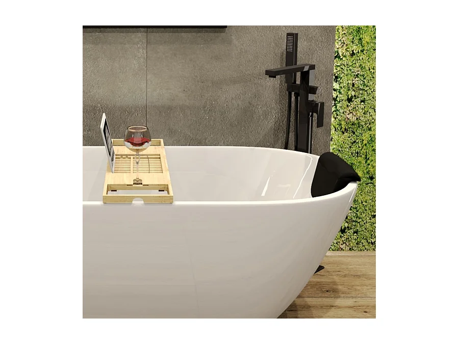 Baignoire à poser îlot ASGER 170x75 acrylique blanc + tablette de bain en bambou + appuie-tête KODI + Vidage à chromé