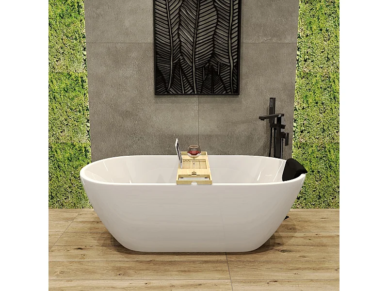 Baignoire à poser îlot ASGER 170x75 acrylique blanc + tablette de bain en bambou + appuie-tête KODI + Vidage à chromé