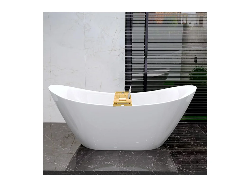 Baignoire à poser îlot IVAR 180x80 acrylique blanc + tablette de bain en bambou + Vidage à chromé