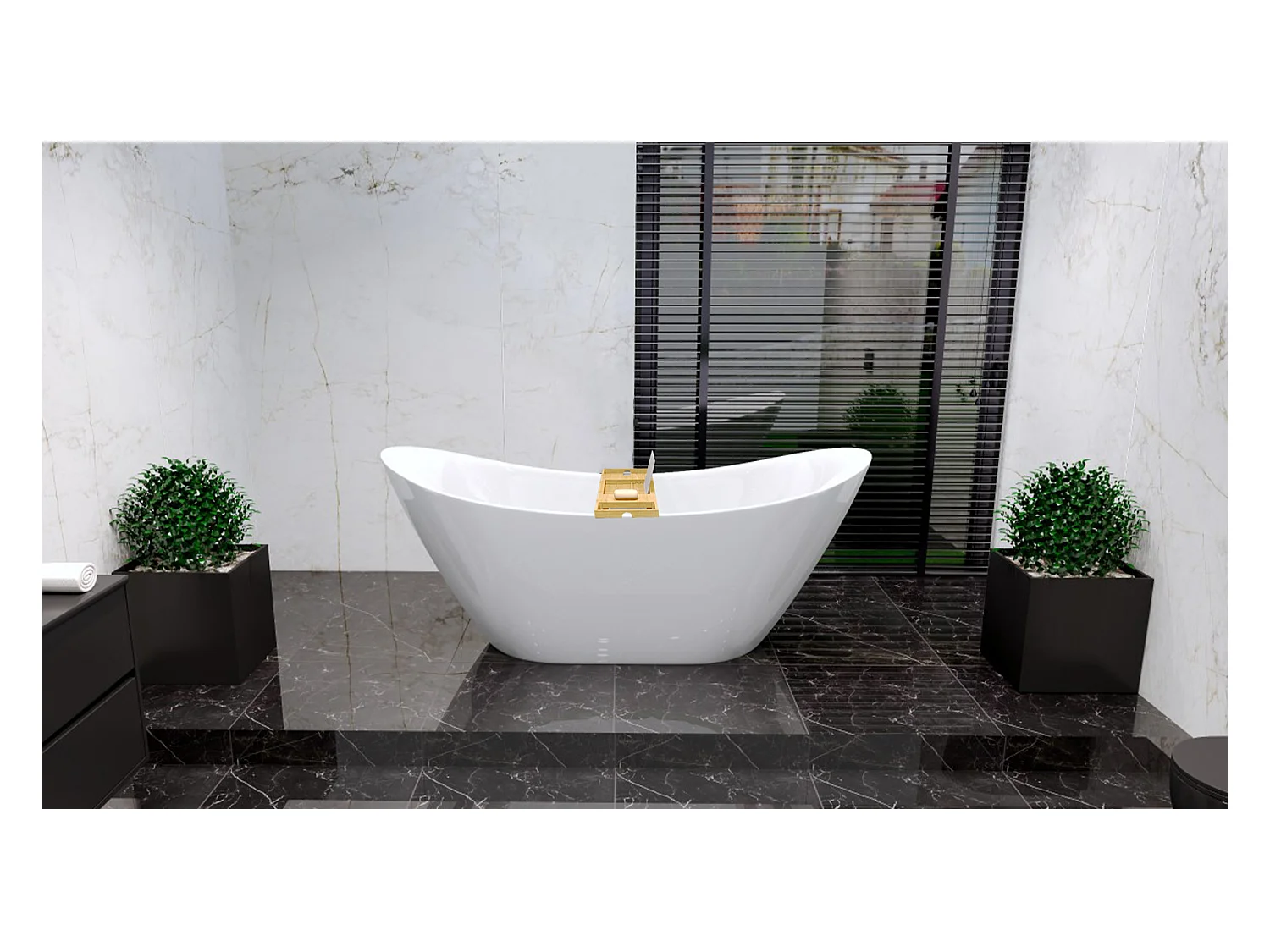 Baignoire à poser îlot IVAR 180x80 acrylique blanc + tablette de bain en bambou + Vidage à chromé