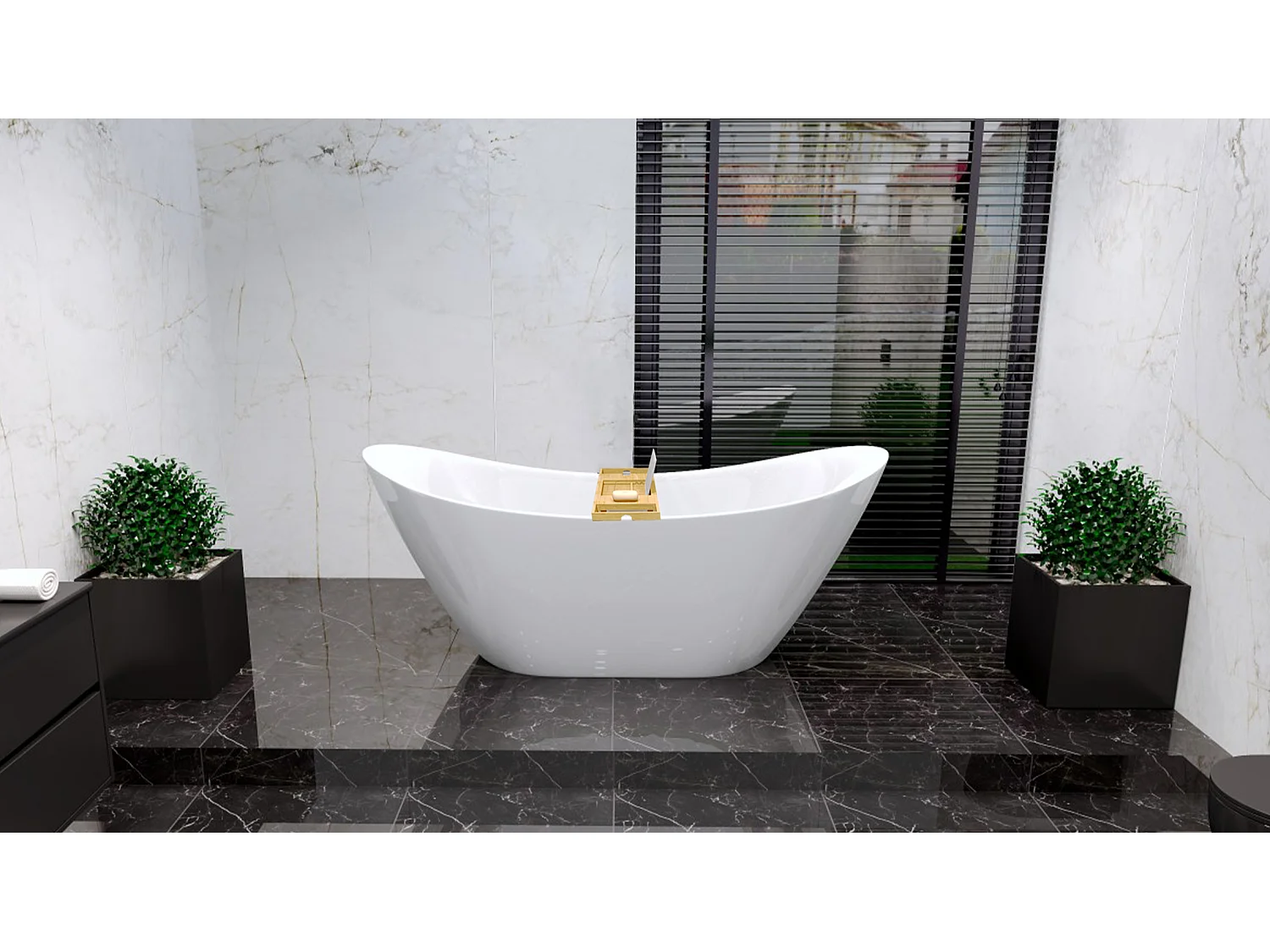 Baignoire à poser îlot IVAR 180x80 acrylique blanc + tablette de bain en bambou + Vidage à chromé