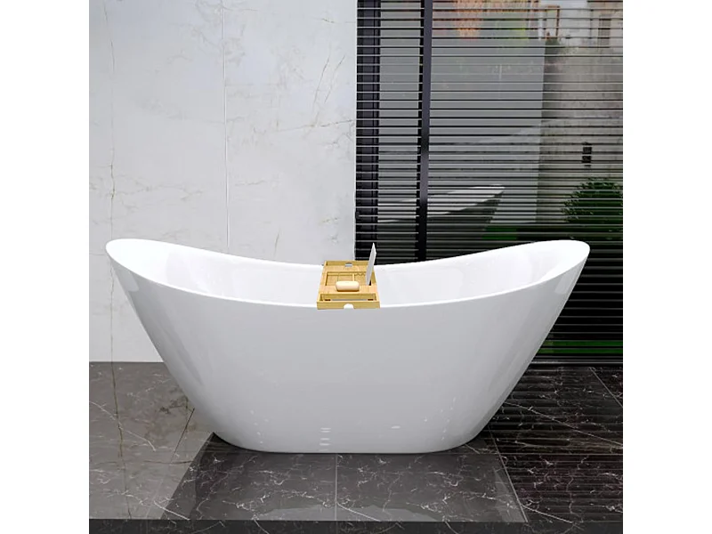 Baignoire à poser îlot IVAR 180x80 acrylique blanc + tablette de bain en bambou + Vidage à chromé