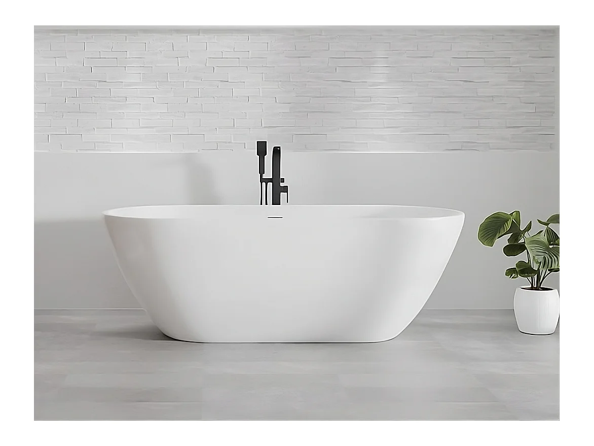 Baignoire autoportante îlot oval ASGER 170x75 acrylique blanc + Vidage à chromé