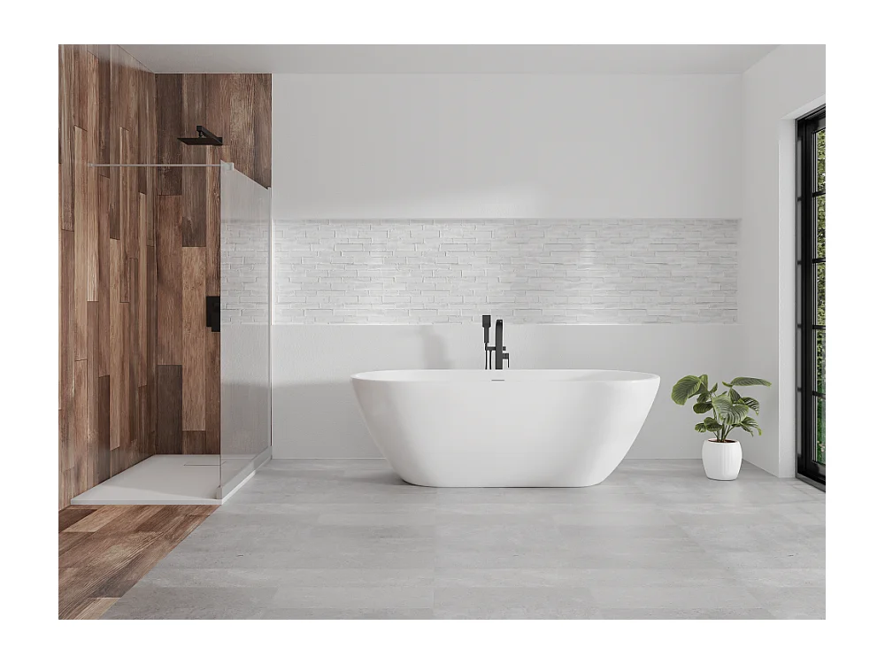 Baignoire autoportante îlot oval ASGER 170x75 acrylique blanc + Vidage à chromé