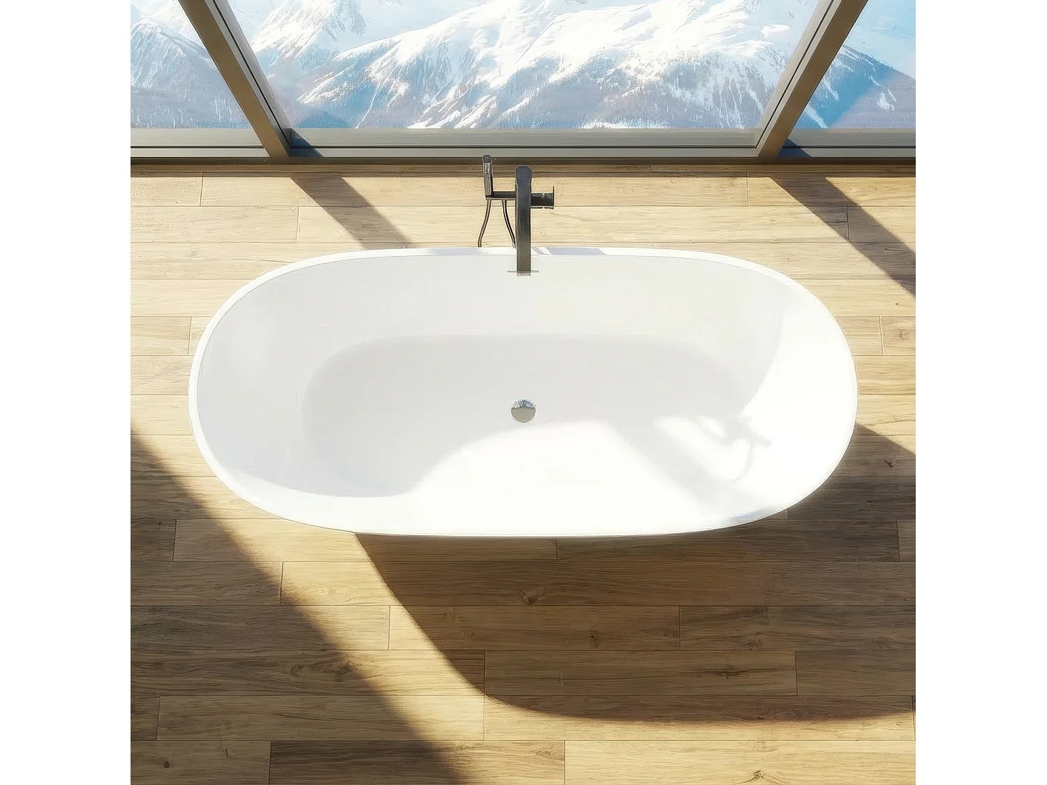 Baignoire autoportante îlot oval ASGER 170x75 acrylique blanc + Vidage à chromé