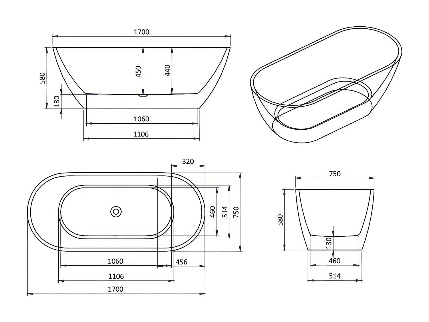 Baignoire autoportante îlot oval ASGER 170x75 acrylique blanc + Vidage à chromé