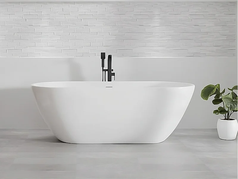 Baignoire autoportante îlot oval ASGER 170x75 acrylique blanc + Vidage à chromé