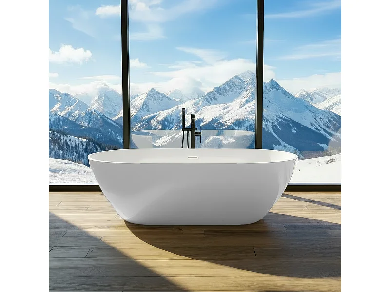 Baignoire autoportante îlot oval ASGER 170x75 acrylique blanc + Vidage à chromé