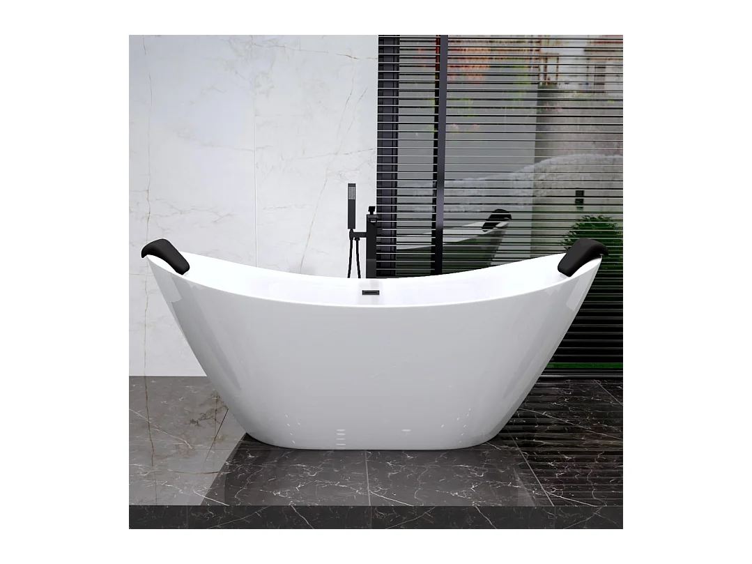 Baignoire à poser îlot IVAR 180x80 acrylique blanc + appuie-tête KODI + Vidage à chromé