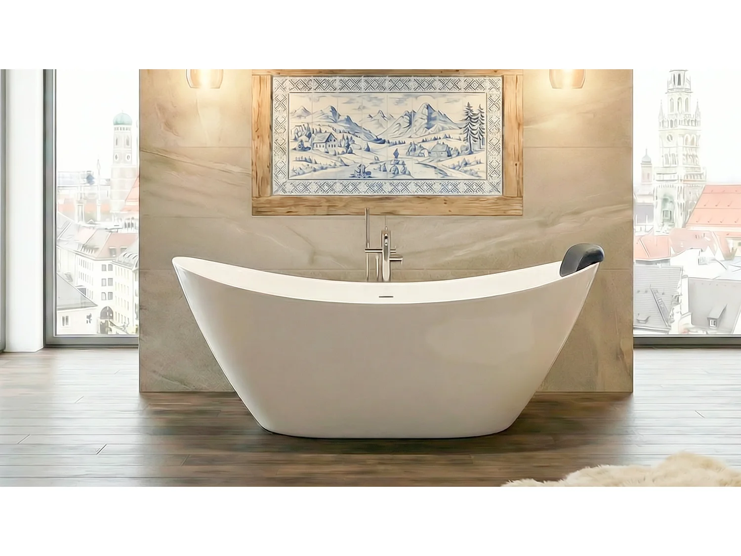 Baignoire à poser îlot IVAR 180x80 acrylique blanc + appuie-tête KODI + Vidage à chromé