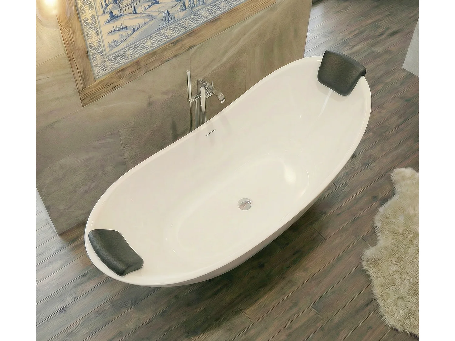 Baignoire à poser îlot IVAR 180x80 acrylique blanc + appuie-tête KODI (2 pcs.) + Vidage à chromé
