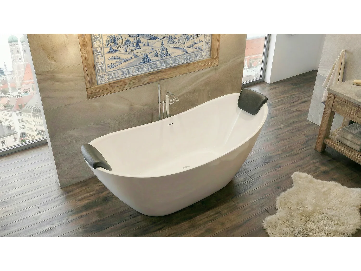 Baignoire à poser îlot IVAR 180x80 acrylique blanc + appuie-tête KODI (2 pcs.) + Vidage à chromé