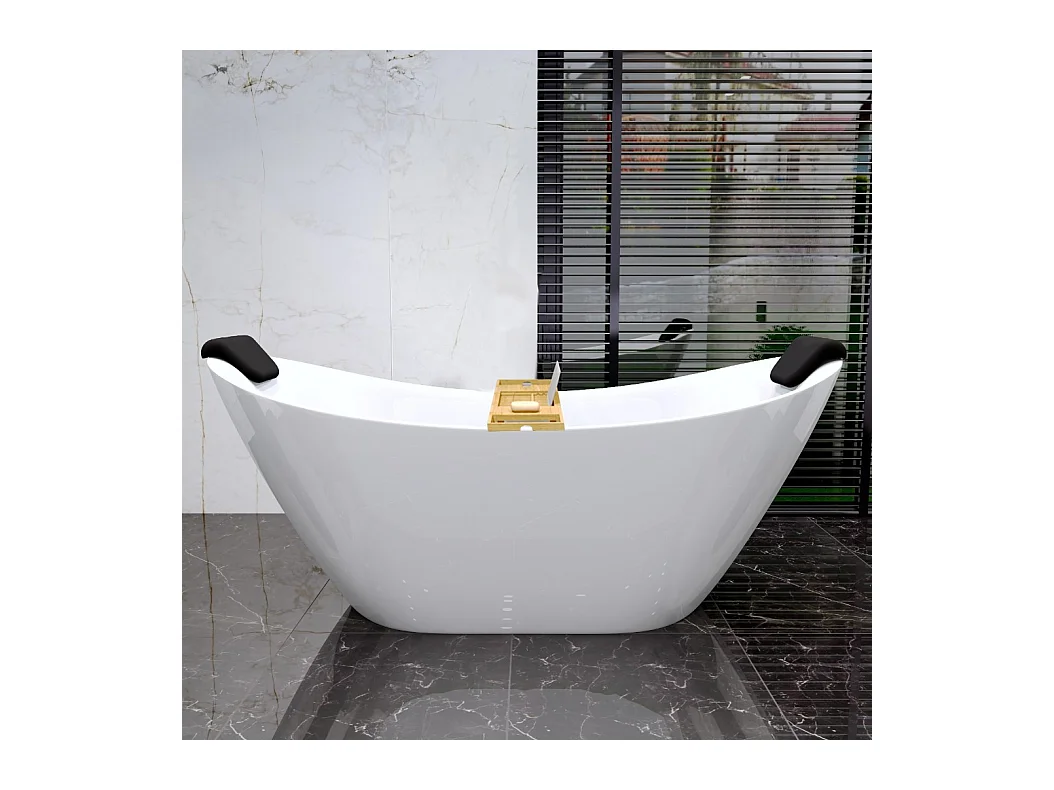Baignoire à poser îlot IVAR 180x80 + tablette de bain en bambou + appuie-tête KODI + Vidage à chromé