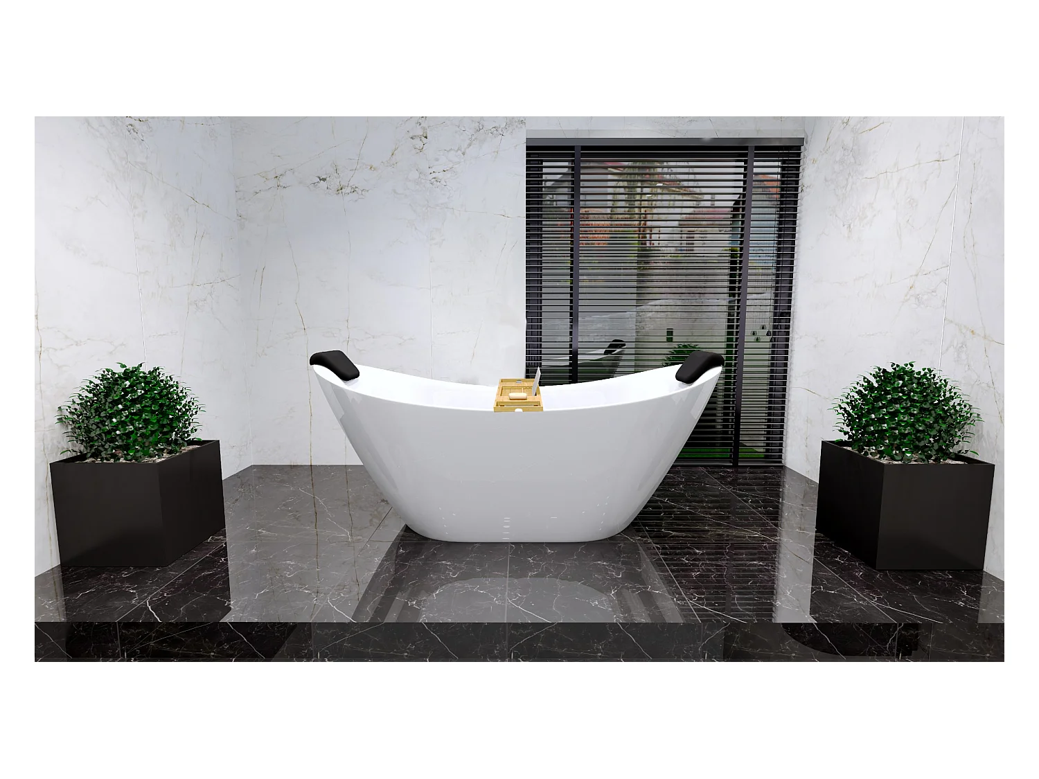 Baignoire à poser îlot IVAR 180x80 + tablette de bain en bambou + appuie-tête KODI + Vidage à chromé