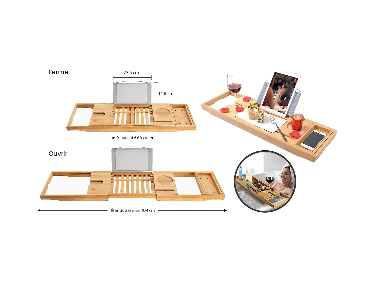 Baignoire à poser îlot IVAR 180x80 + tablette de bain en bambou + appuie-tête KODI + Vidage à chromé