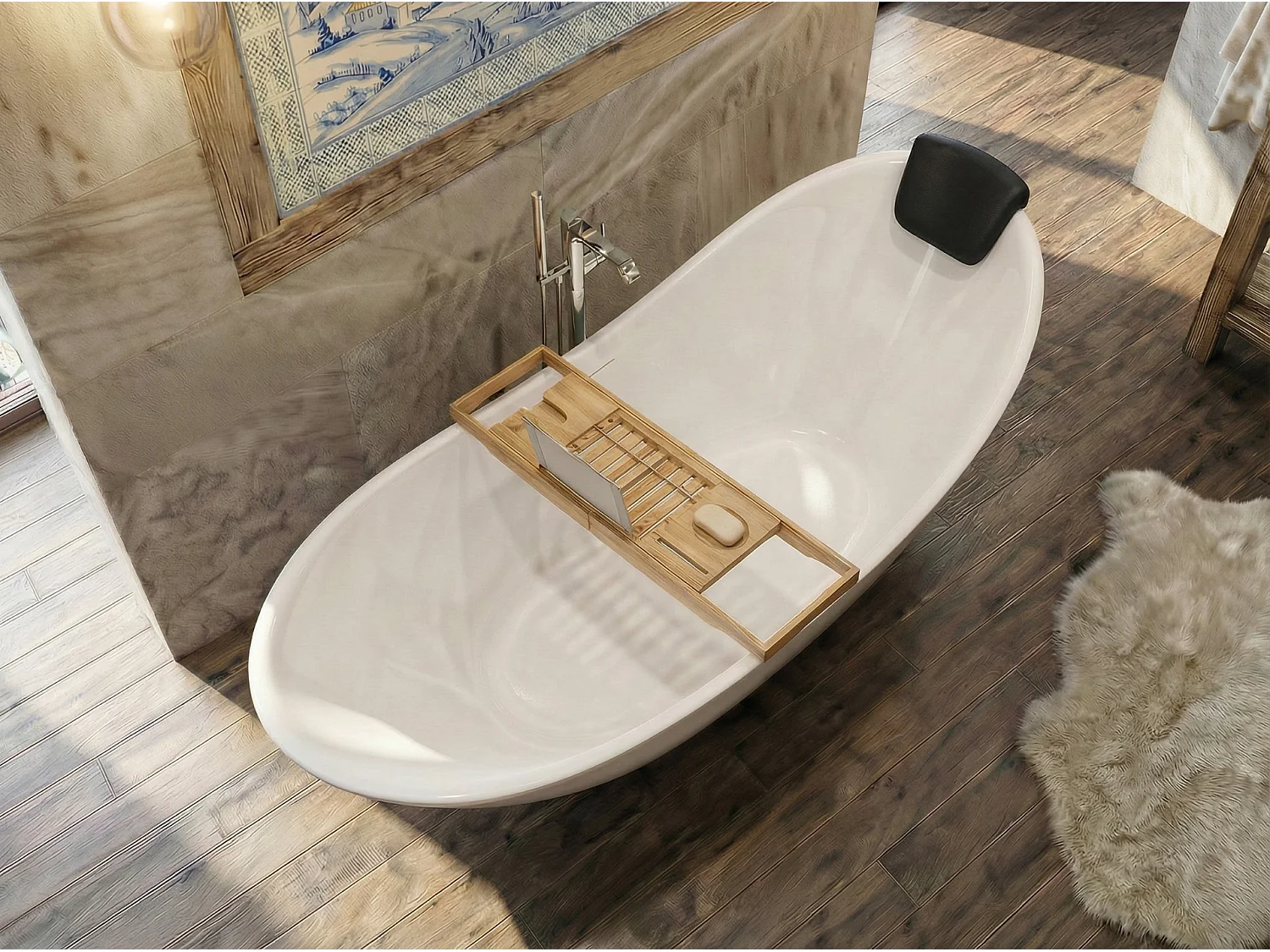 Baignoire à poser îlot IVAR 180x80 + tablette de bain en bambou + appuie-tête KODI + Vidage à chromé