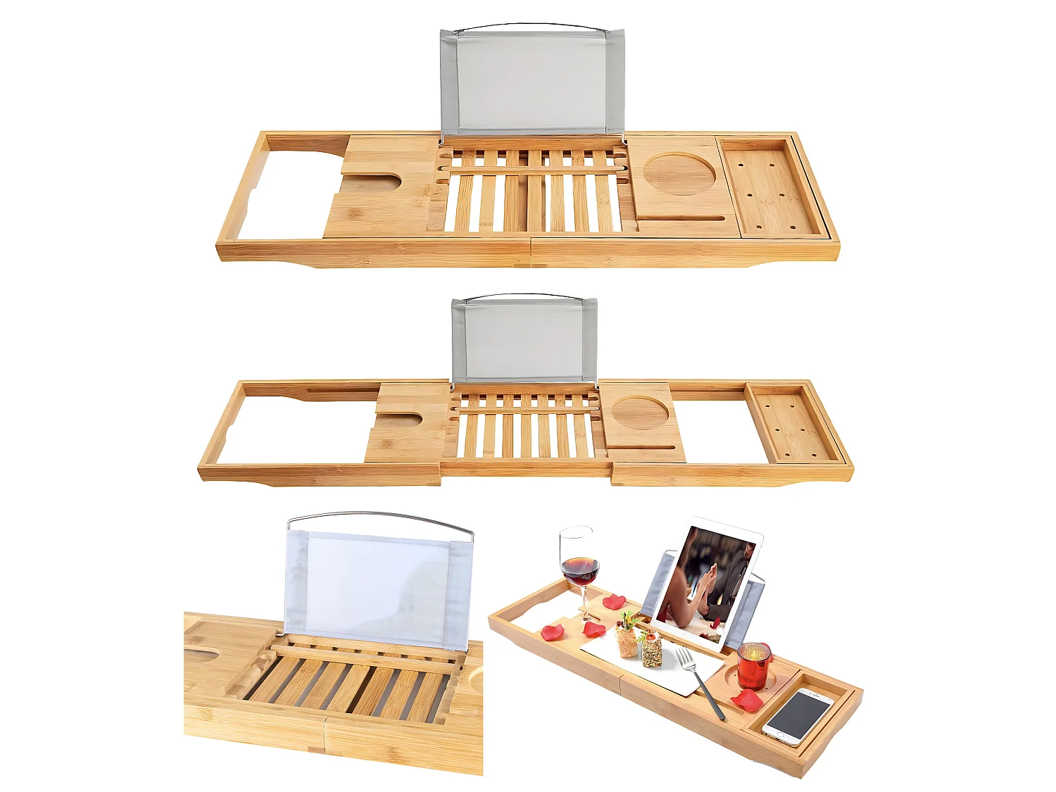 Baignoire à poser îlot IVAR 180x80 + tablette de bain en bambou + appuie-tête KODI + Vidage à chromé
