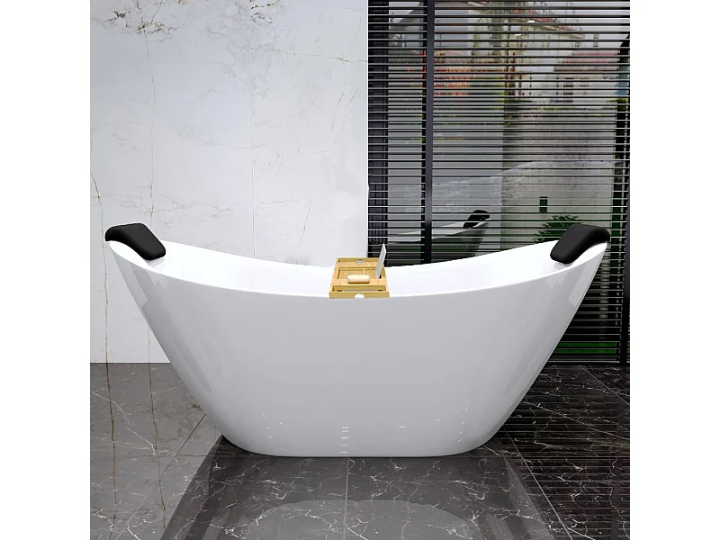 Baignoire à poser îlot IVAR 180x80 + tablette de bain en bambou + appuie-tête KODI + Vidage à chromé
