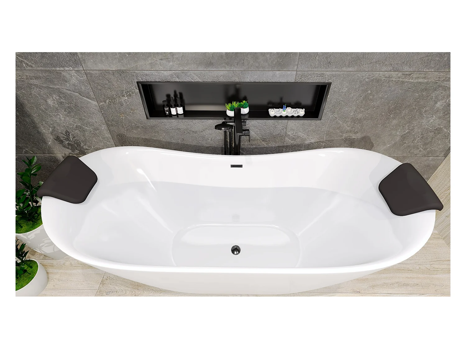 Baignoire à poser îlot IVAR 180x80 + tablette de bain en bambou + (2 pcs.) appuie-tête KODI + Vidage à chromé