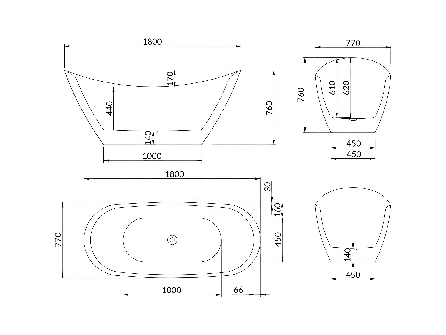 Baignoire à poser îlot IVAR 180x80 + tablette de bain en bambou + (2 pcs.) appuie-tête KODI + Vidage à chromé