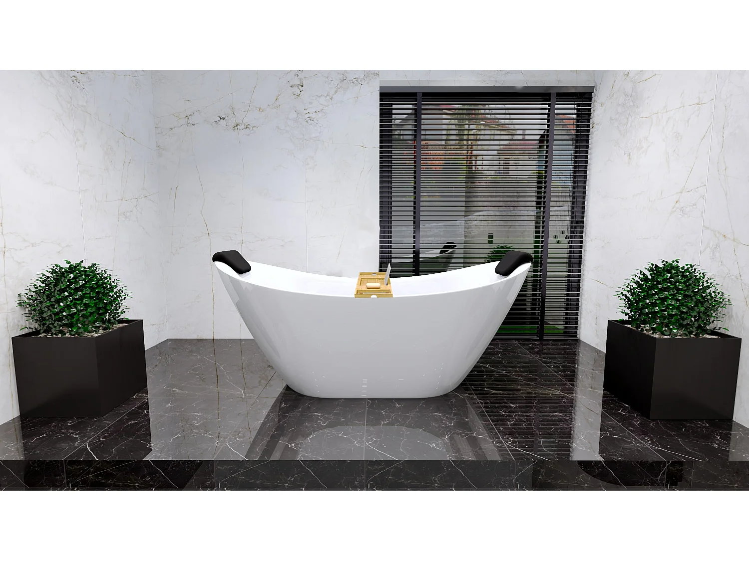 Baignoire à poser îlot IVAR 180x80 + tablette de bain en bambou + (2 pcs.) appuie-tête KODI + Vidage à chromé