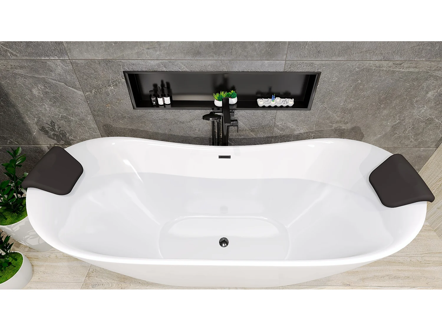 Baignoire à poser îlot IVAR 180x80 + tablette de bain en bambou + (2 pcs.) appuie-tête KODI + Vidage à chromé