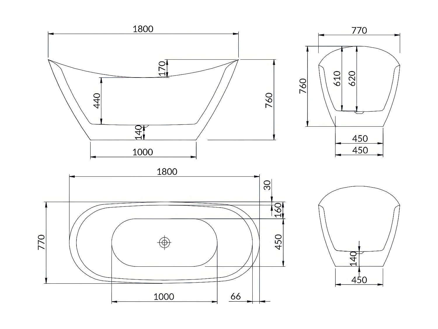 Baignoire à poser îlot oval IVAR 180x80 acrylique blanc + Vidage à chromé