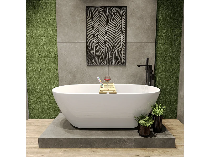 Baignoire à poser îlot ASGER 170x75 acrylique blanc + tablette de bain en bambou + Vidage à chromé