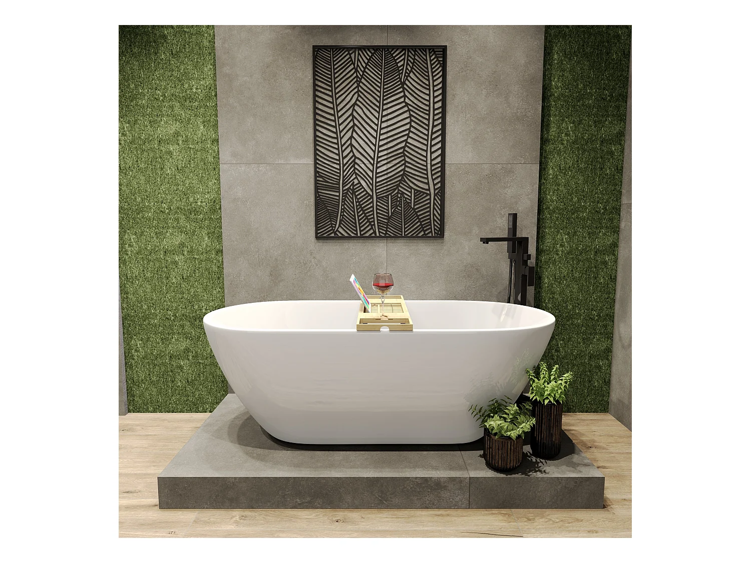 Baignoire à poser îlot ASGER 170x75 acrylique blanc + tablette de bain en bambou + Vidage à chromé